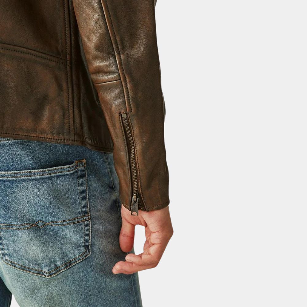 Rescue Me Tommy Gavin Brown Waxed Leather Jacket - Sleeve Close-Up Vew