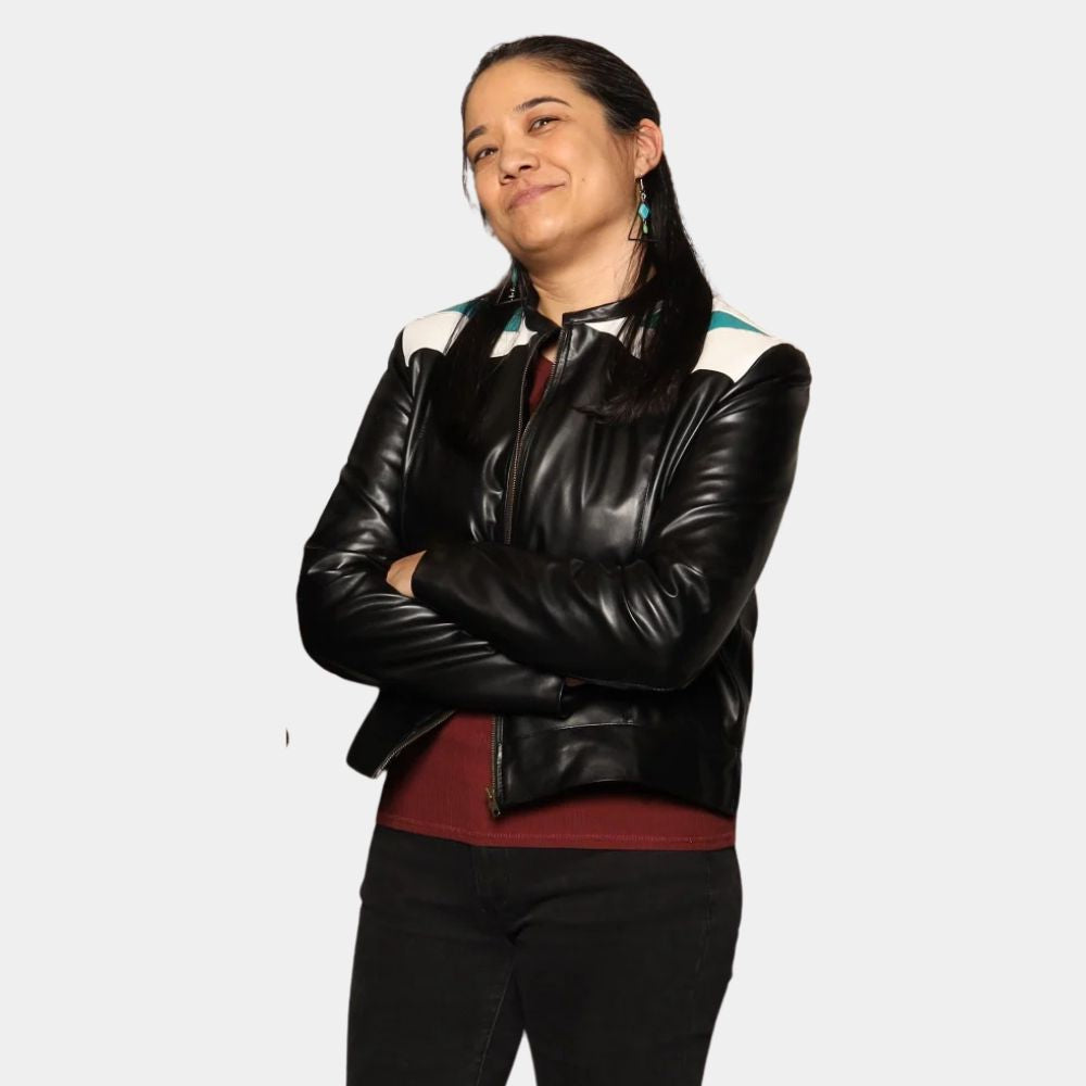 Resident Alien Asta Twelvetrees (Sara Tomko) rocking that Black Leather Jacket - Character Front View