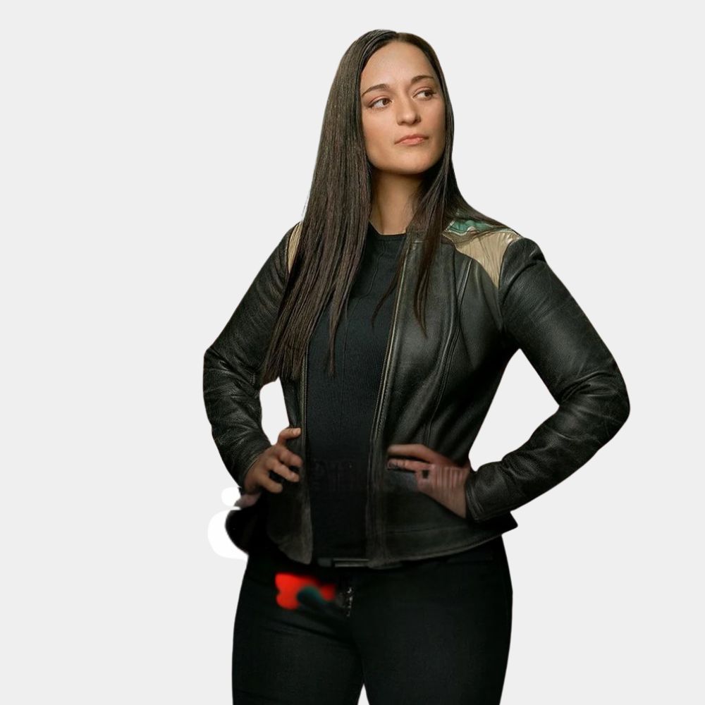 Resident Alien Asta Twelvetrees (Sara Tomko) rocking that Black Leather Jacket - Character Side Posture View