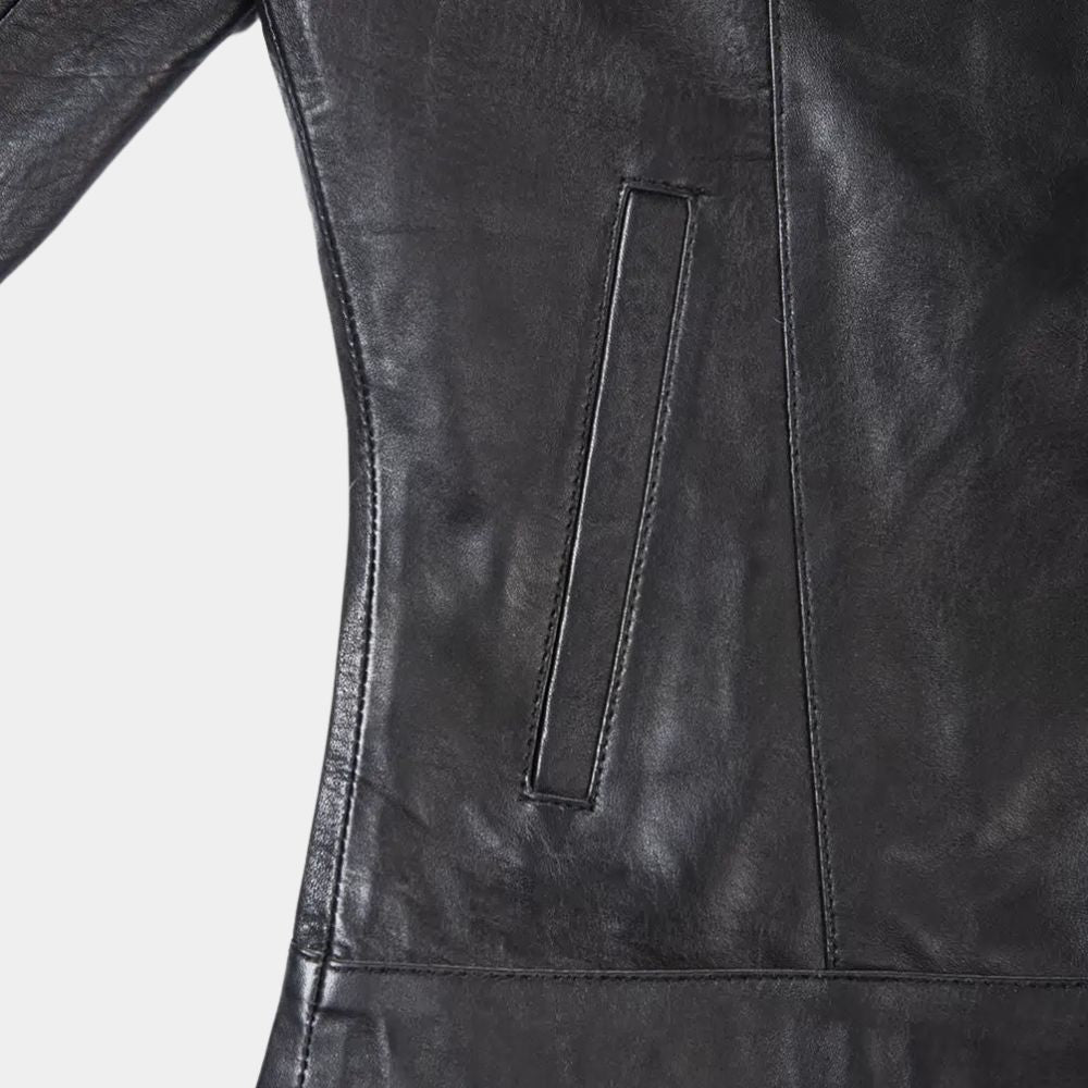 Resident Alien Asta Twelvetrees (Sara Tomko) rocking that Black Leather Jacket - Close - Up Pocket View