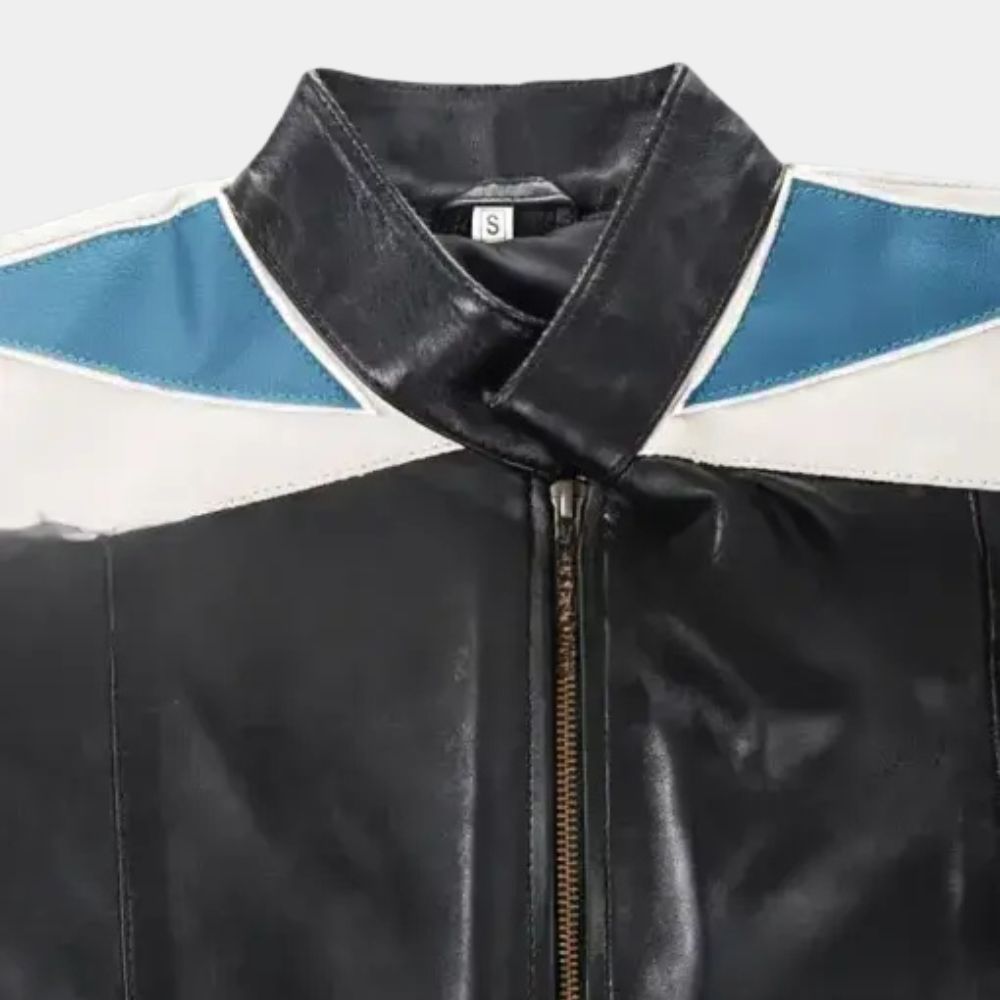 Resident Alien Asta Twelvetrees (Sara Tomko) rocking that Black Leather Jacket - Mannequin Front Close - Up Collar View