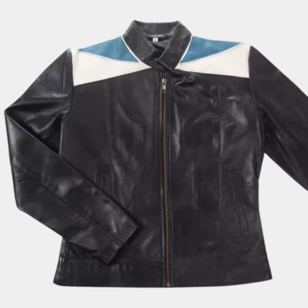 Resident Alien Asta Twelvetrees (Sara Tomko) rocking that Black Leather Jacket - Mannequin Front View