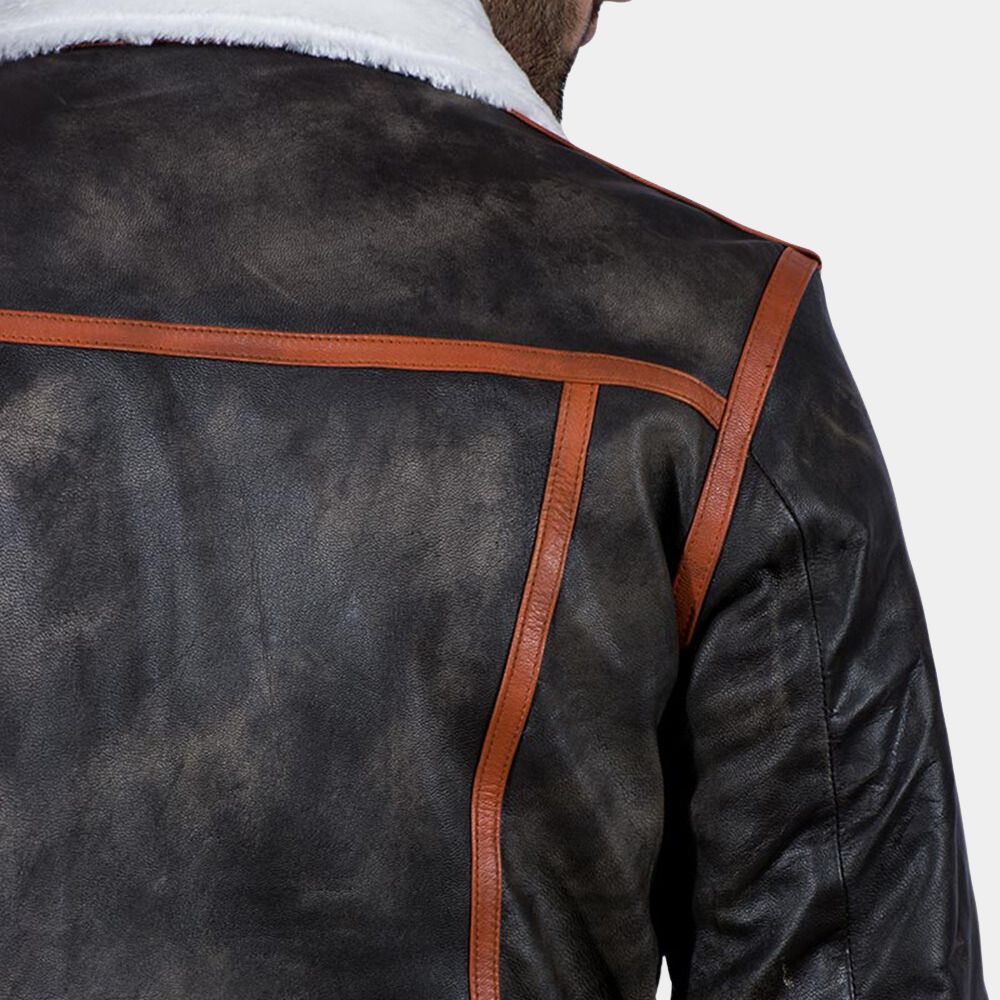 Resident Evil 4 Faux Shearling Real Leather B3 Bomber Aviator Jacket - Back Close - Up View