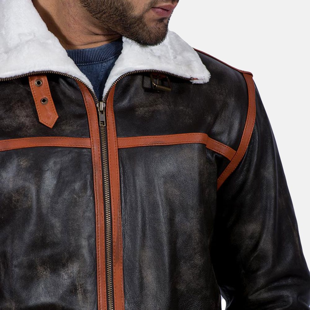 Resident Evil 4 Faux Shearling Real Leather B3 Bomber Aviator Jacket - Front Close - Up View