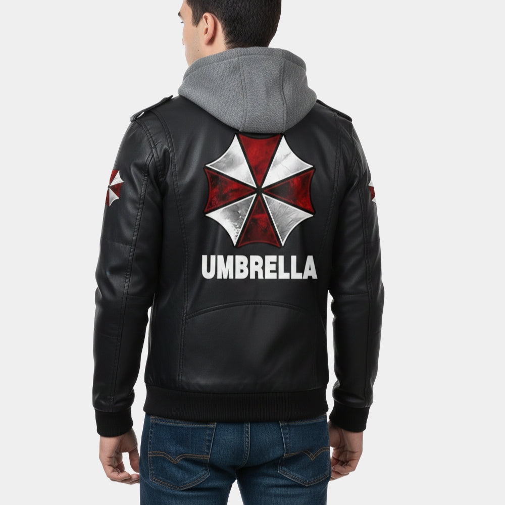 Resident Evil  Hunk’s Umbrella Black Leather Hooded Jacket - Back View