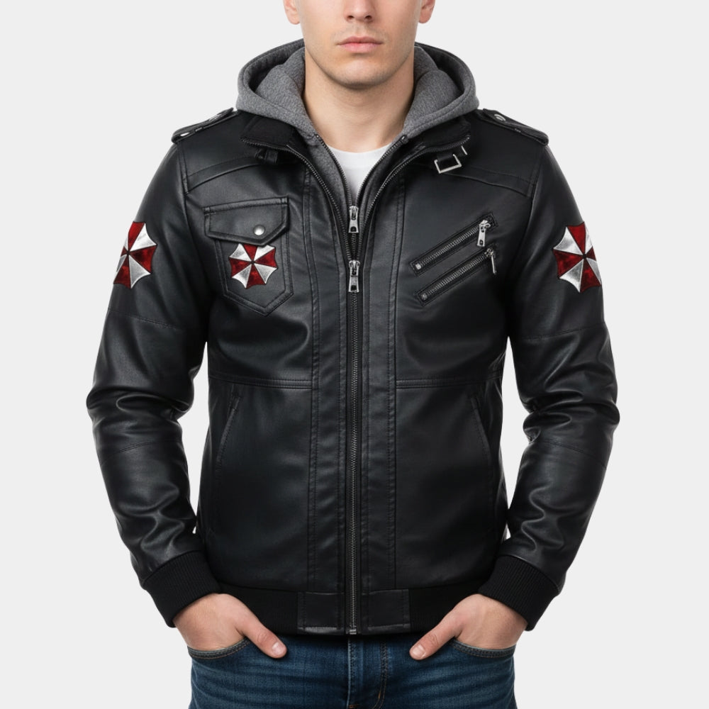 Resident Evil  Hunk’s Umbrella Black Leather Hooded Jacket - Front View