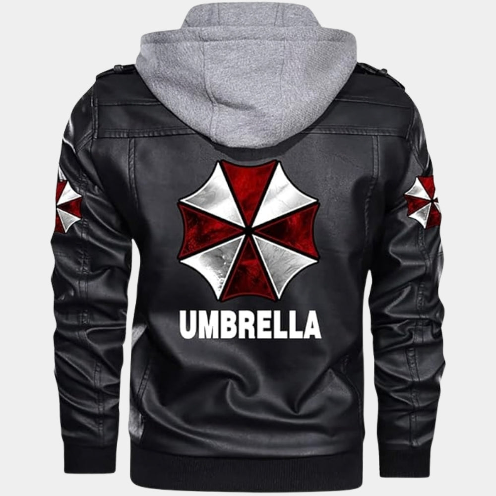 Resident Evil  Hunk’s Umbrella Black Leather Hooded Jacket - Mannequin Back View