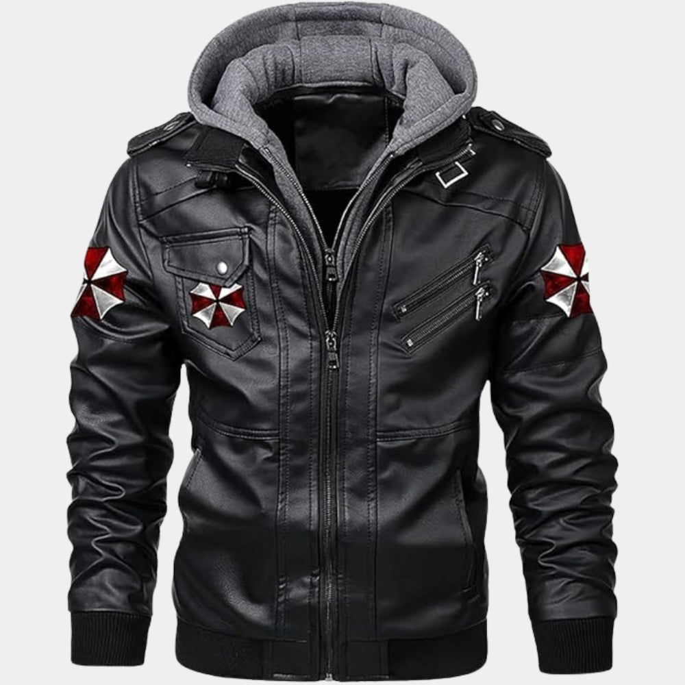 Resident Evil  Hunk’s Umbrella Black Leather Hooded Jacket - Mannequin Front View