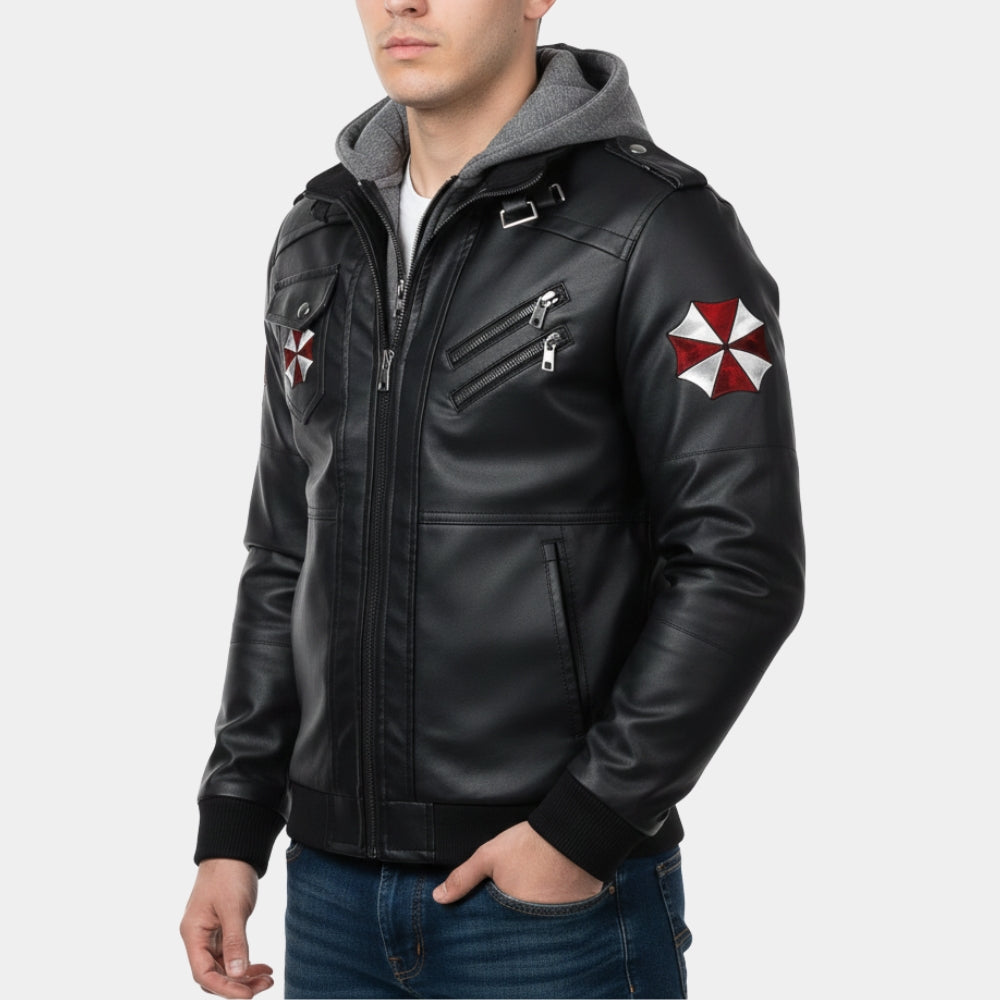 Resident Evil  Hunk’s Umbrella Black Leather Hooded Jacket - Side View