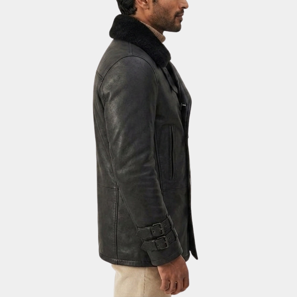 RE9 Leon S. Kennedy RE9 Black Leather Jacket with Faux Fur Collar