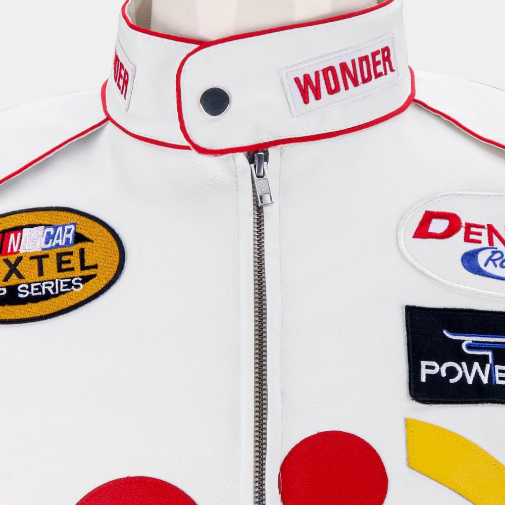 Ricky Bobby Wonder Bread White Leather Jacket from Talladega Nights: The Ballad of Ricky Bobby - Close-Up Front Collar View