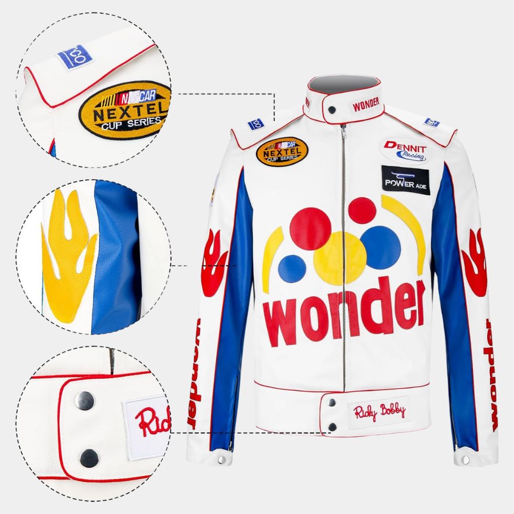 Ricky Bobby Wonder Bread White Leather Jacket from Talladega Nights: The Ballad of Ricky Bobby - Close-Up Front View
