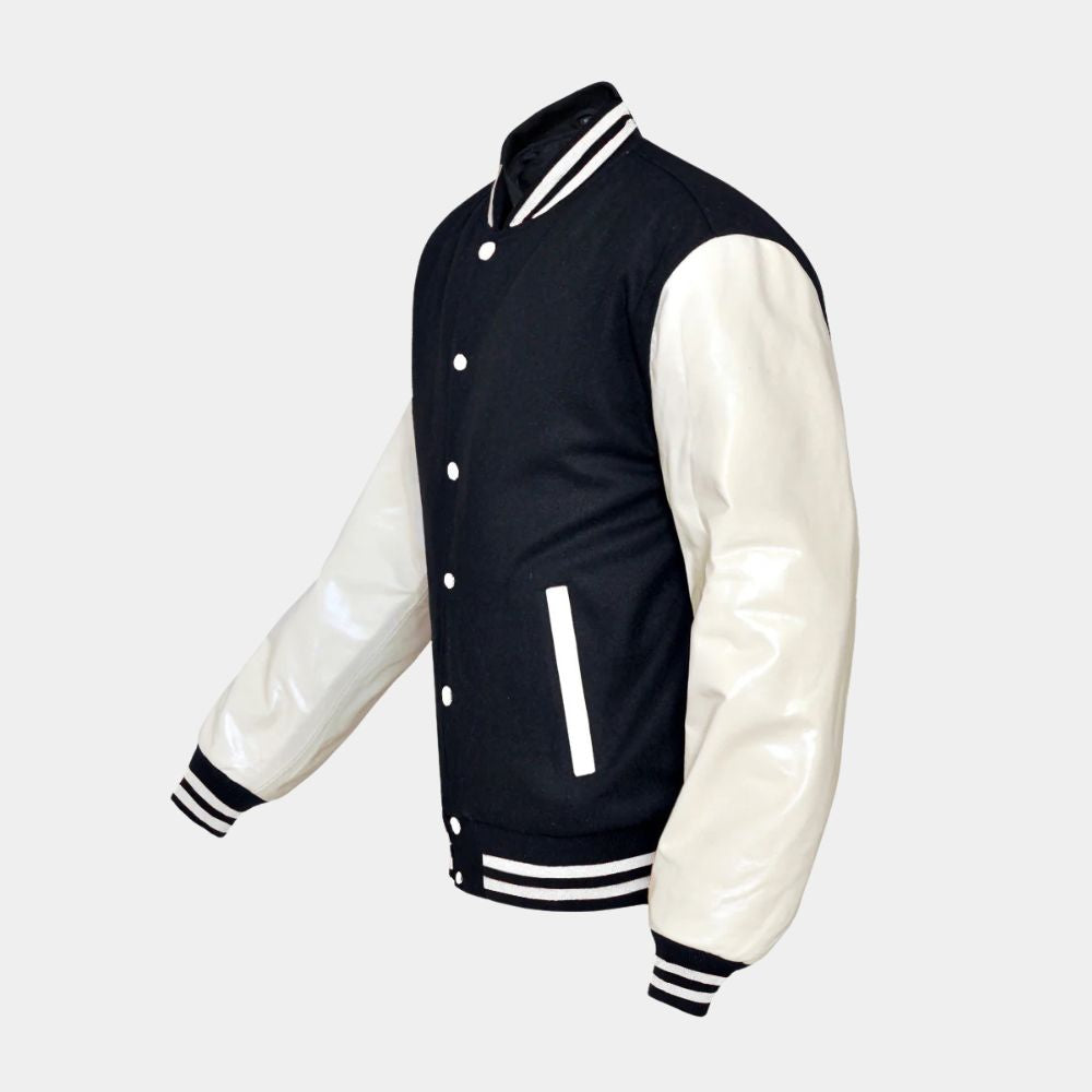 Ride or Die Martin Lawrence Black and Cream Varsity Jacket - Mannequin Side View