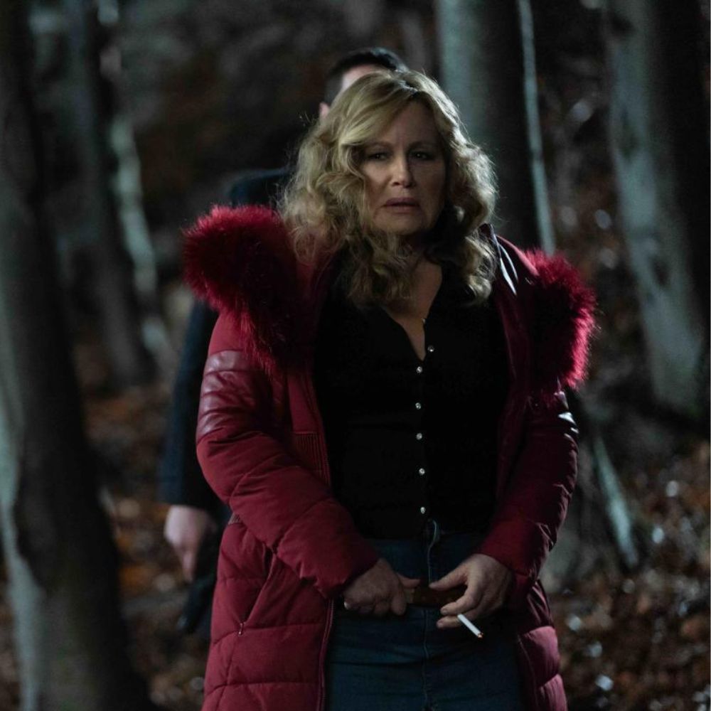 Riff Raff Jennifer Coolidge (Ruth) Red Parka 3/4 Length Jacket - Character Close - Up Front View