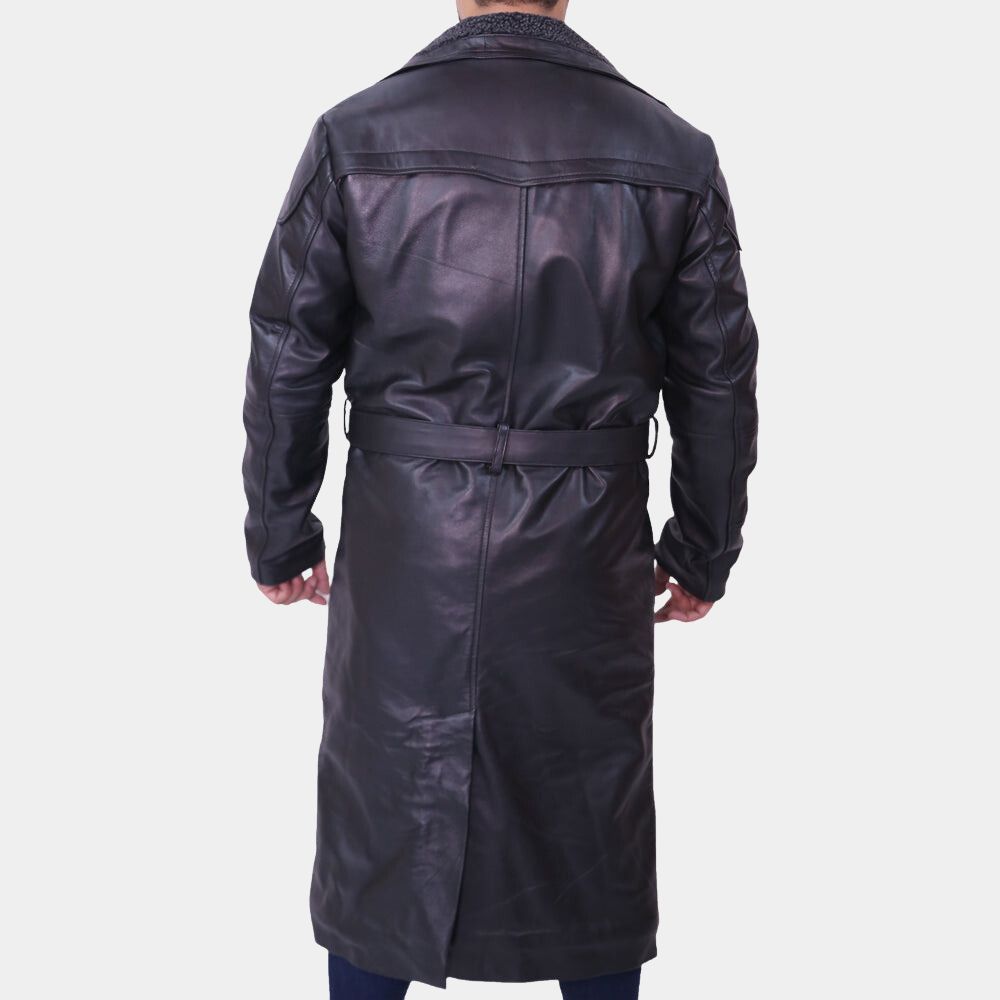 Ryan Gosling Black Leather With Shearling Lining Trench Coat - Back View
