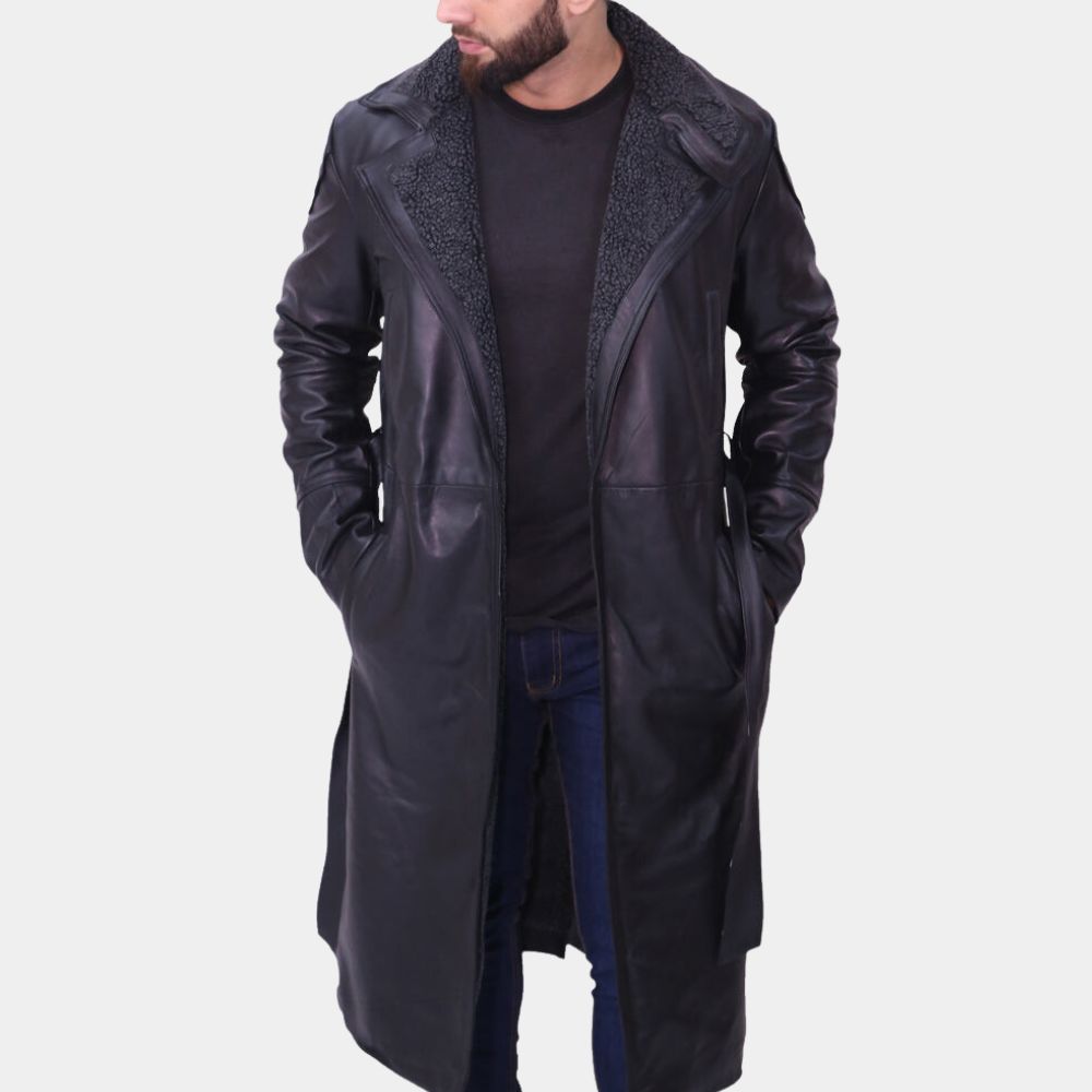 Ryan Gosling Black Leather With Shearling Lining Trench Coat - Character Front View