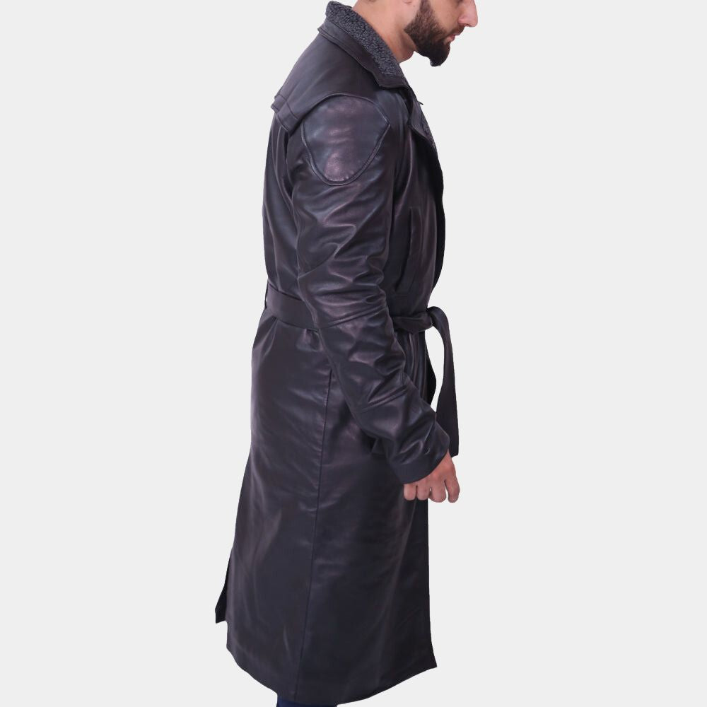 Ryan Gosling Black Leather With Shearling Lining Trench Coat - Character Side Posture View