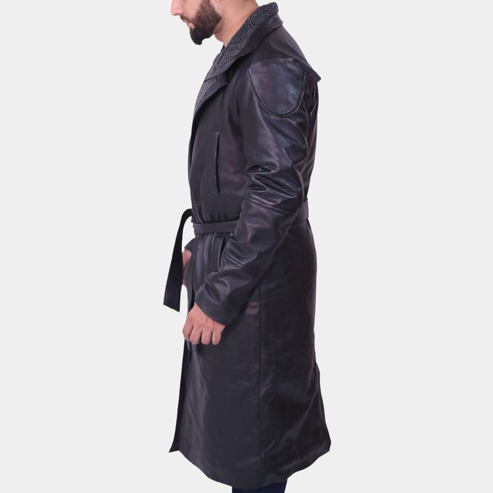 Ryan Gosling Black Leather With Shearling Lining Trench Coat - Character Side View