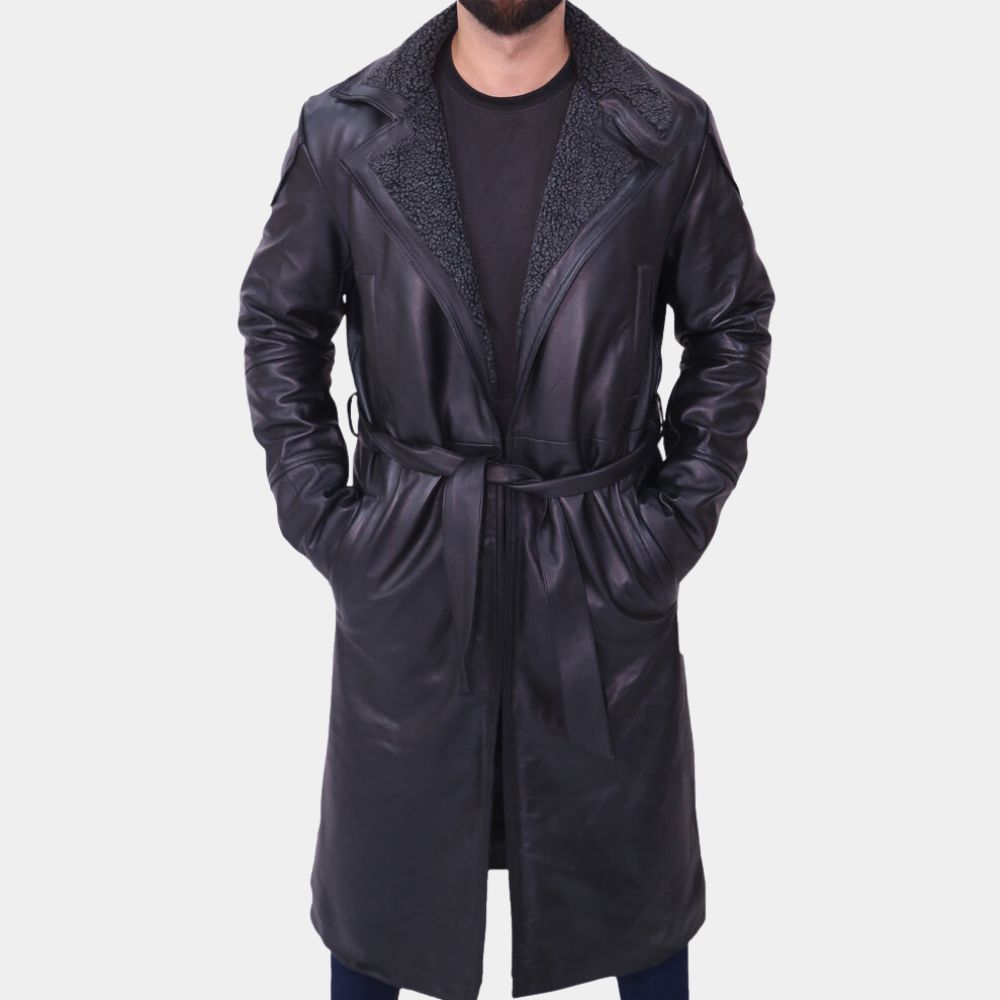 Ryan Gosling Black Leather With Shearling Lining Trench Coat - Front View