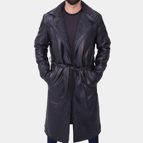 Ryan Gosling Black Leather With Shearling Lining Trench Coat - Front View