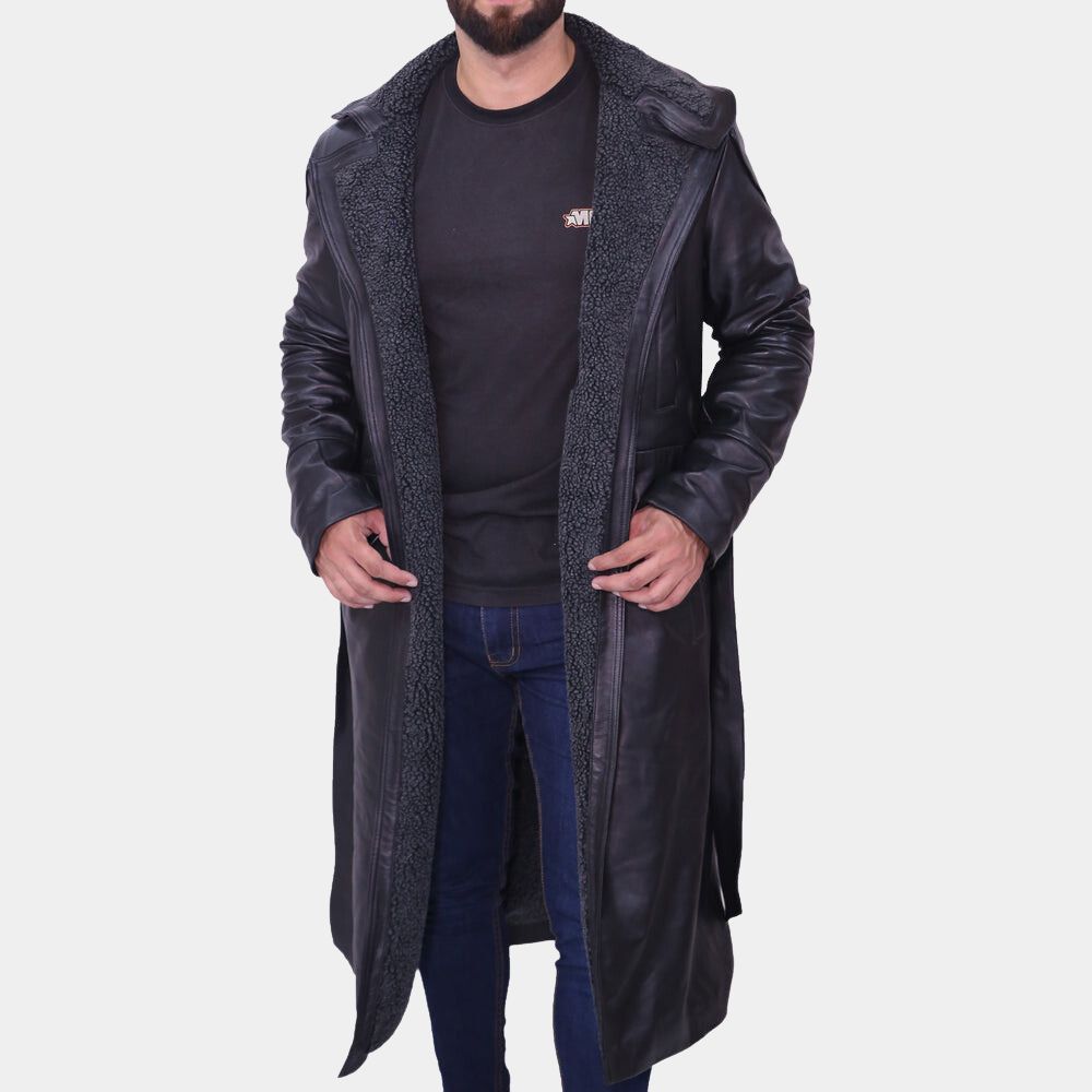 Ryan Gosling Black Leather With Shearling Lining Trench Coat - Front View