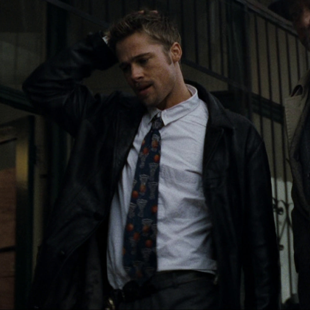 SE7EN Mills Black Leather Jacket aka Brad Pitt 3/4 Length Car Coat - Character Front View