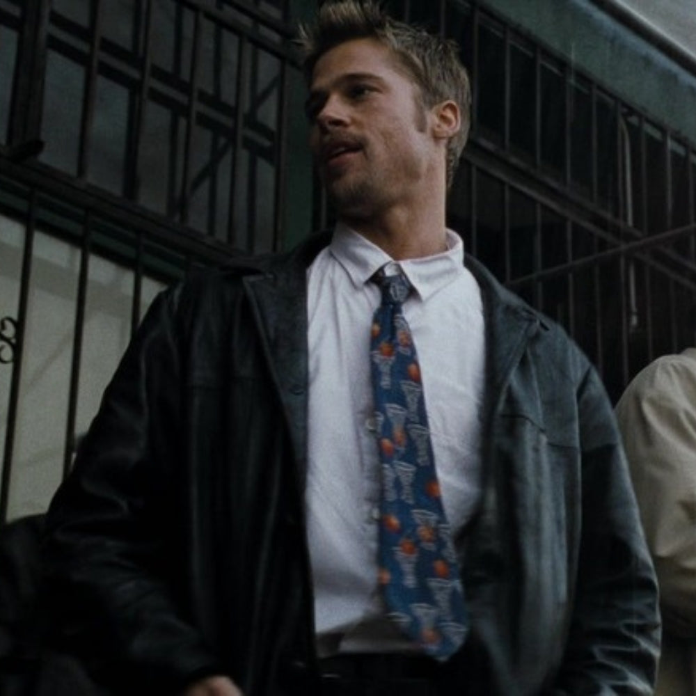 SE7EN Mills Black Leather Jacket aka Brad Pitt 3/4 Length Car Coat - Character Posture Front View