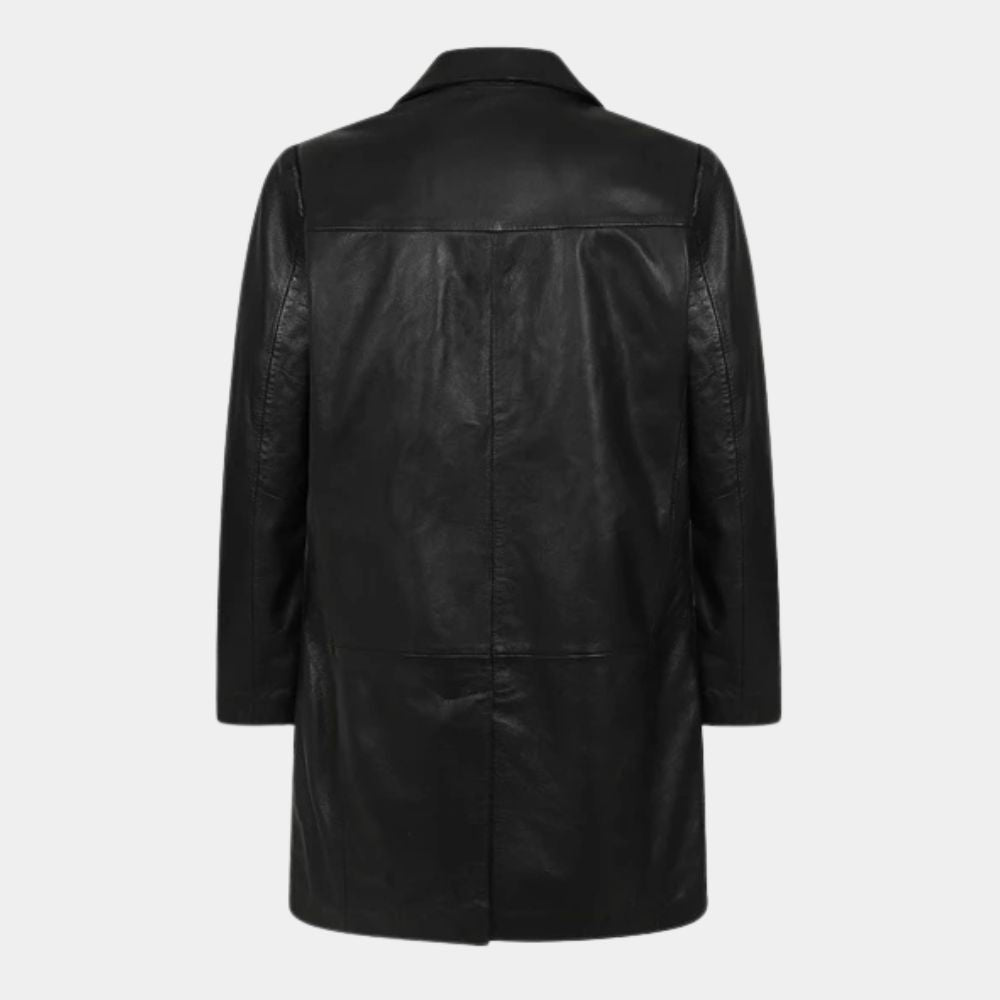 SE7EN Mills Black Leather Jacket aka Brad Pitt 3/4 Length Car Coat - Mannequin Back View