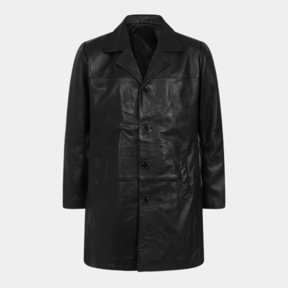 SE7EN Mills Black Leather Jacket aka Brad Pitt 3/4 Length Car Coat - Mannequin Front View