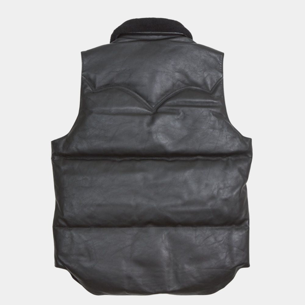 SHERPUFF &nbsp;Black Leather Puffer Vest with Faux Shearling Collar - Mannequin Back View