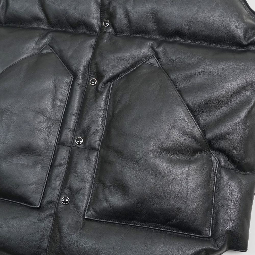 SHERPUFF &nbsp;Black Leather Puffer Vest with Faux Shearling Collar - Mannequin Close - Up Pocket View
