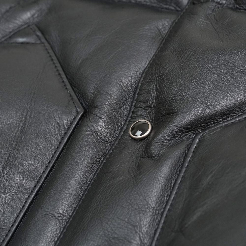 SHERPUFF &nbsp;Black Leather Puffer Vest with Faux Shearling Collar - Mannequin Front Close - Up View