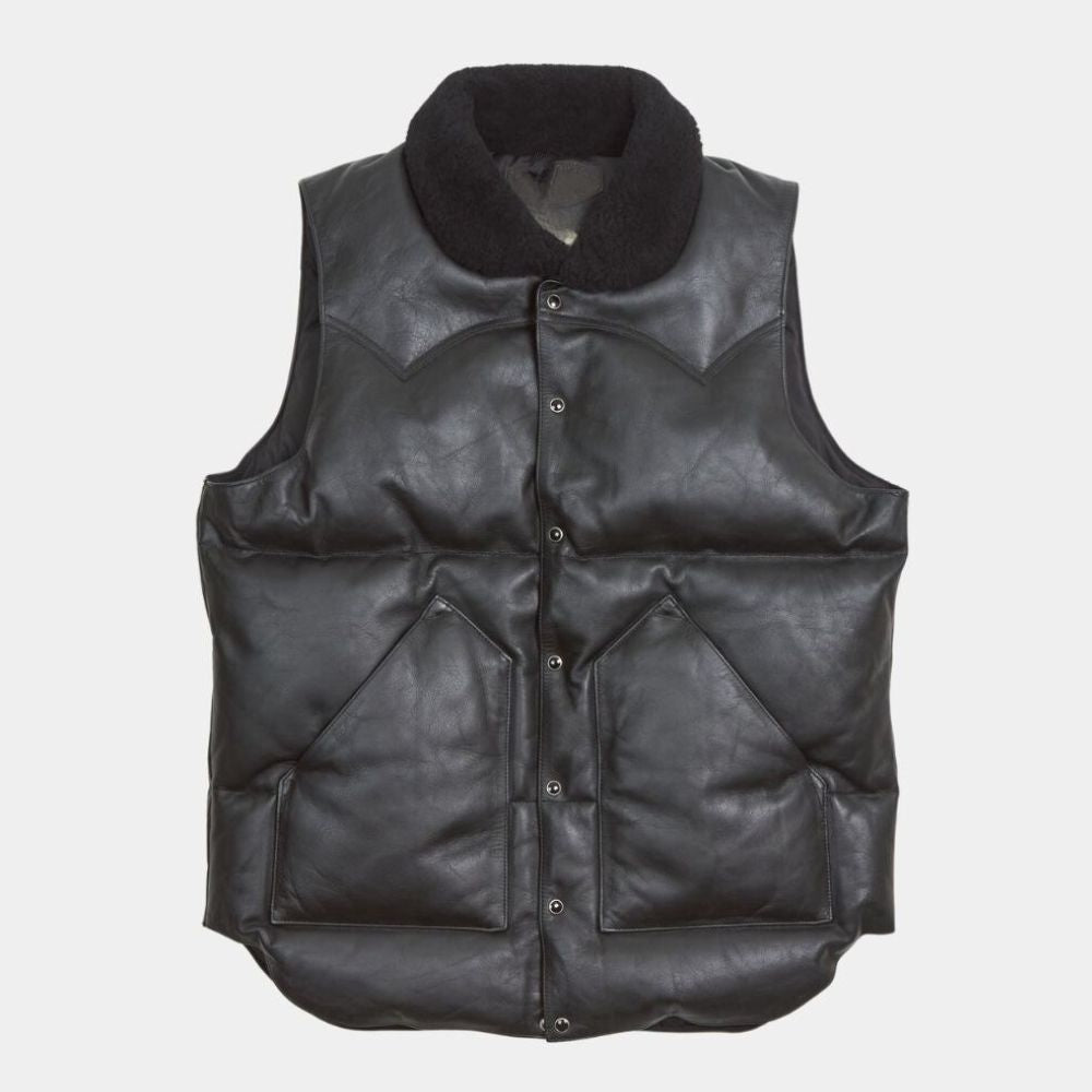 SHERPUFF &nbsp;Black Leather Puffer Vest with Faux Shearling Collar - Mannequin Front View
