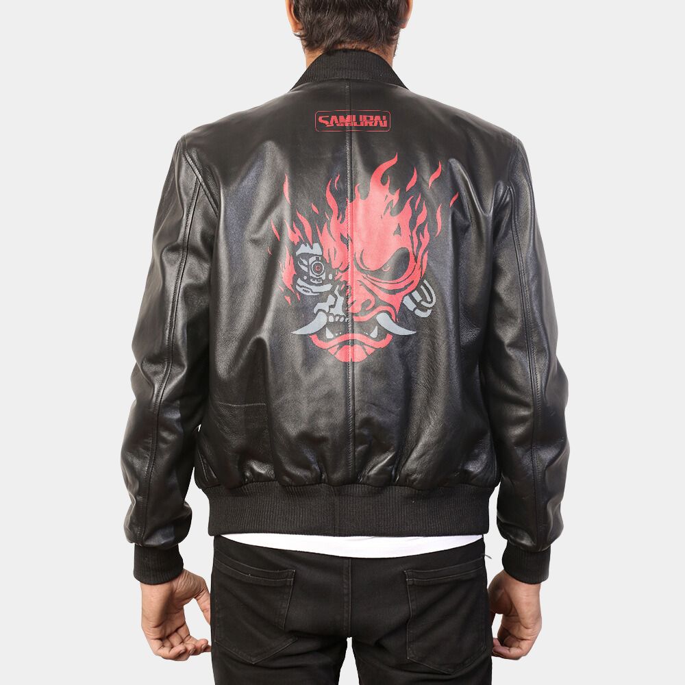 SMITH  Men’s Black Leather Bomber Jacket - Back View