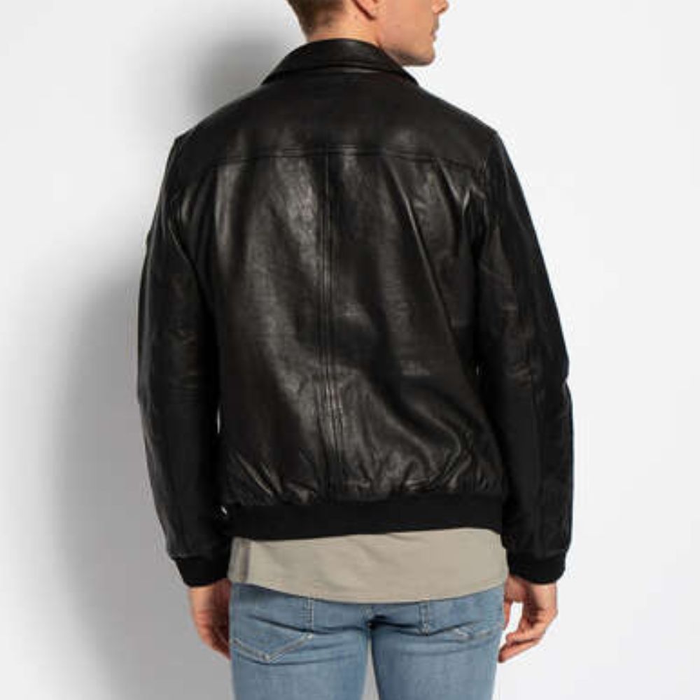 SMITH  Men’s Black Leather Bomber Jacket - Front Posture View