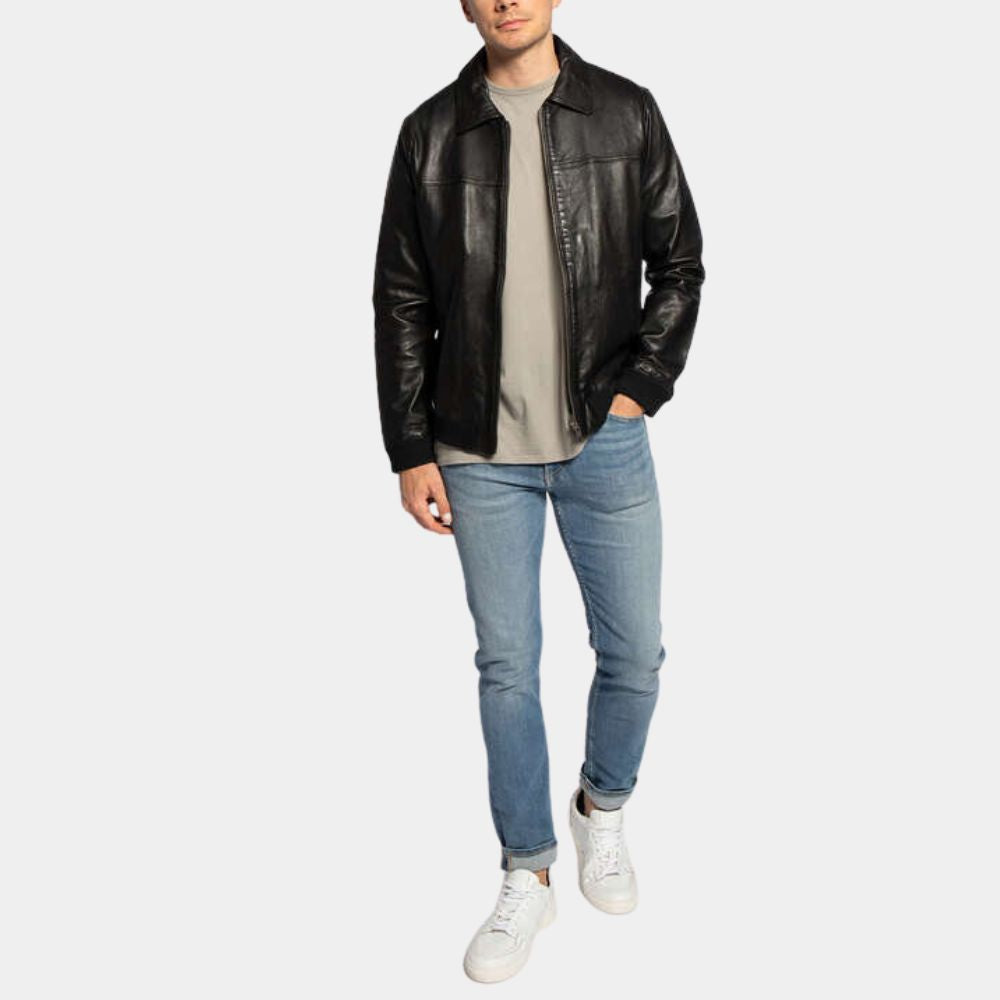 SMITH  Men’s Black Leather Bomber Jacket - Front View
