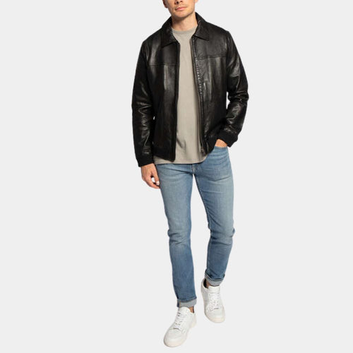 SMITH  Men’s Black Leather Bomber Jacket - Front View