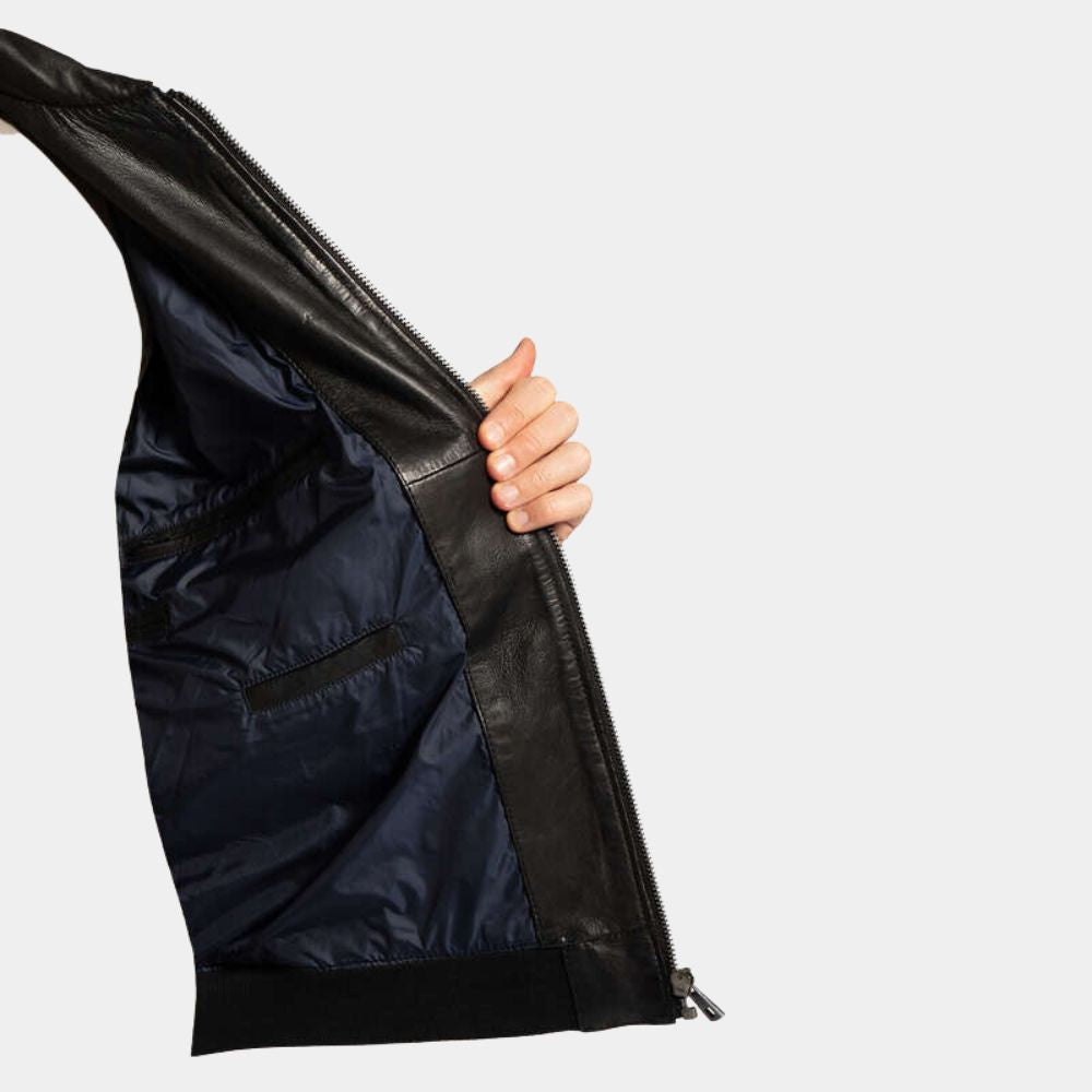 SMITH  Men’s Black Leather Bomber Jacket - Inner View