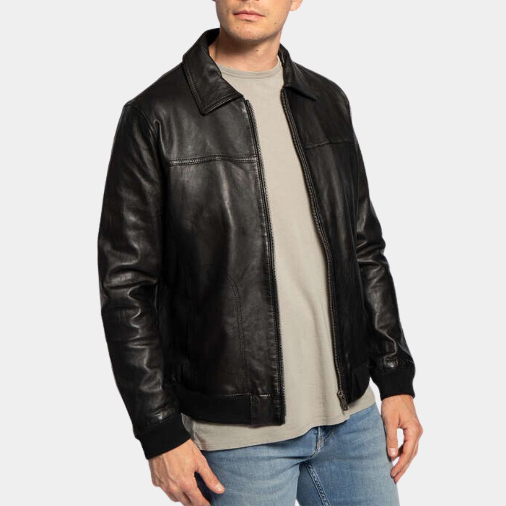 SMITH  Men’s Black Leather Bomber Jacket - Side View