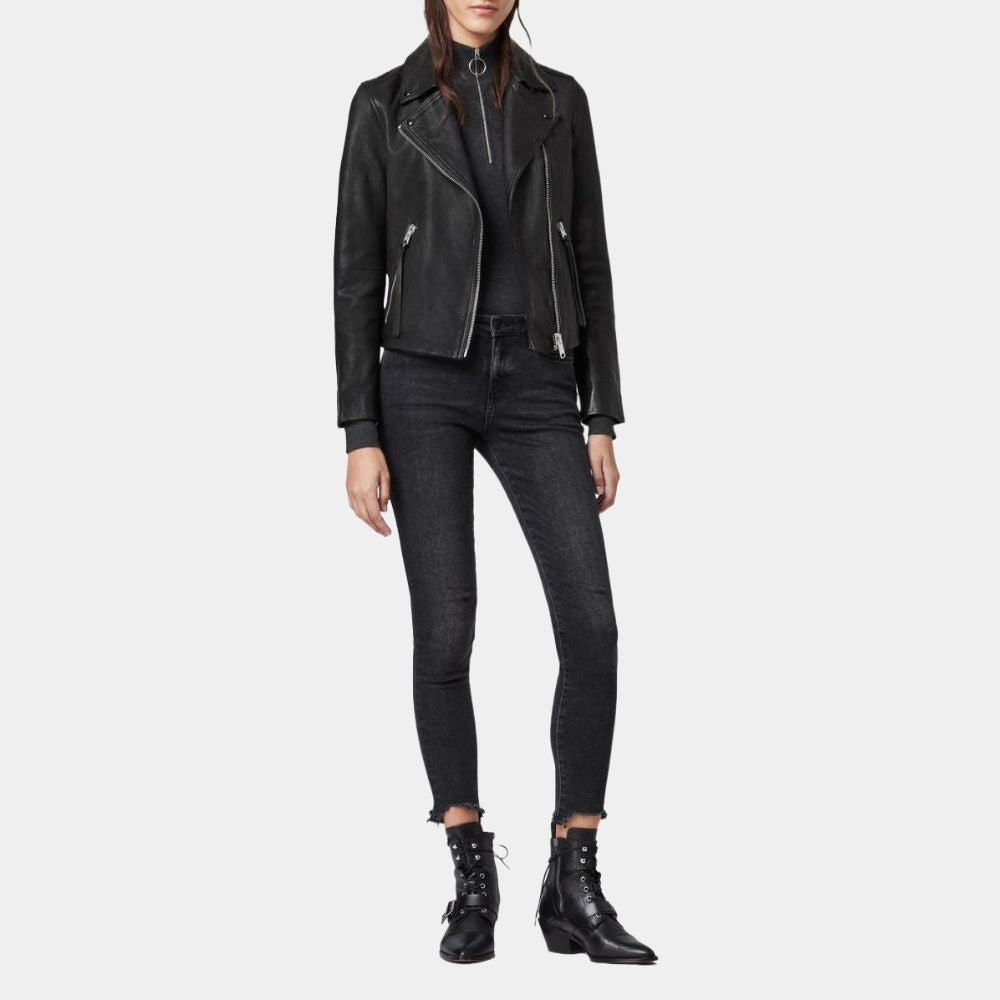 Secret Invasion Black Emilia Clarke Biker Leather Jacket - Front Posture View