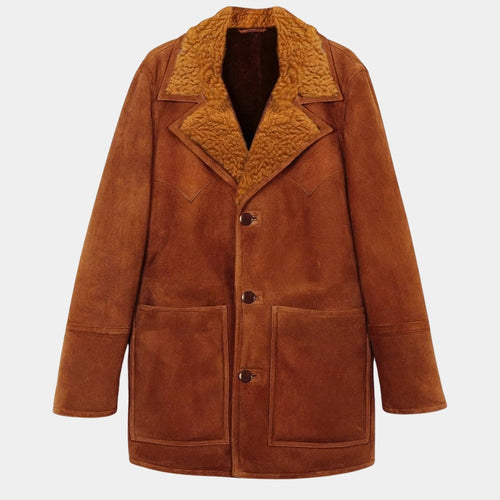 Seinfeld  Cosmo Kramer aka Michael Richards Tan Suede Leather Jacket With Shearling Fur Collar - Mannequin Front View