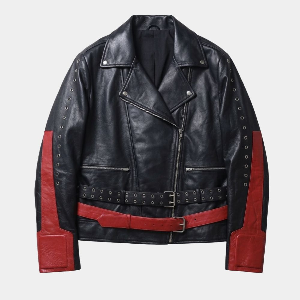Shadow The Hedgehog
Black & Red Leather Biker Jacket - Mannequin Front View