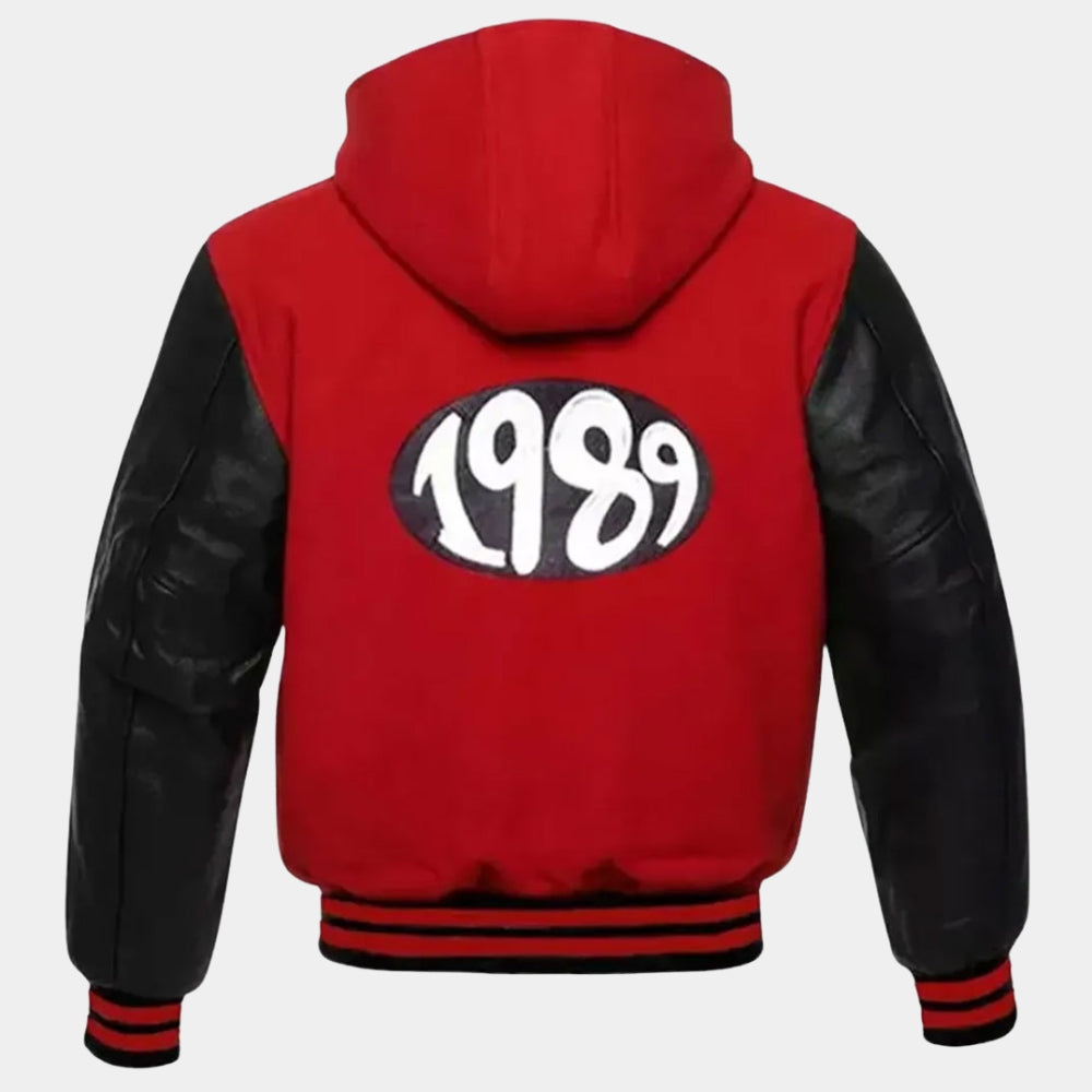 Shake It Off Taylor Swift 1989 Red and Black Varsity Jacket - Mannequin Back View
