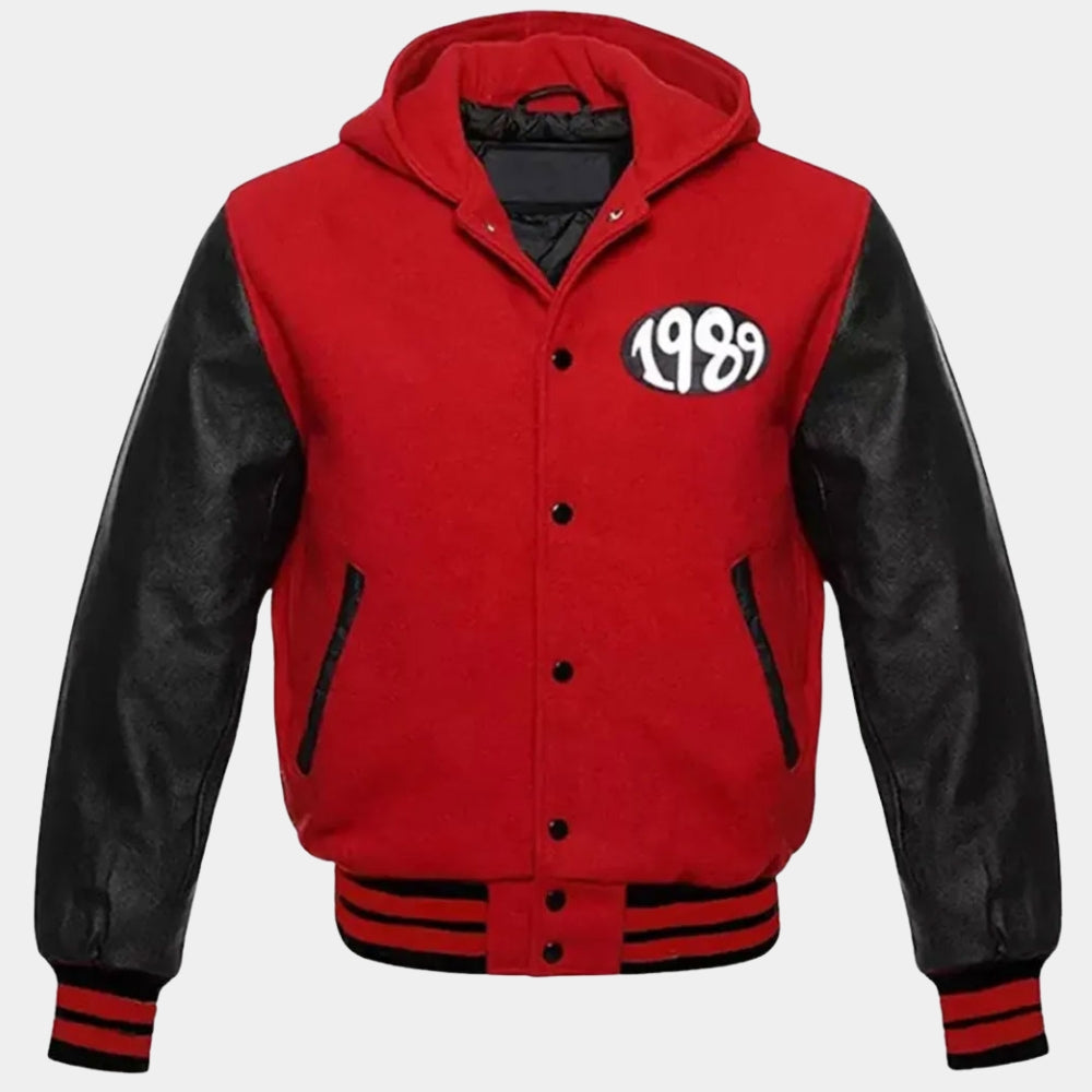 Shake It Off Taylor Swift 1989 Red and Black Varsity Jacket - Mannequin Front View
