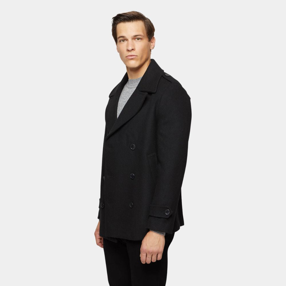 Shetland Douglas Henshall Black Wool Peacoat - Front Posture View