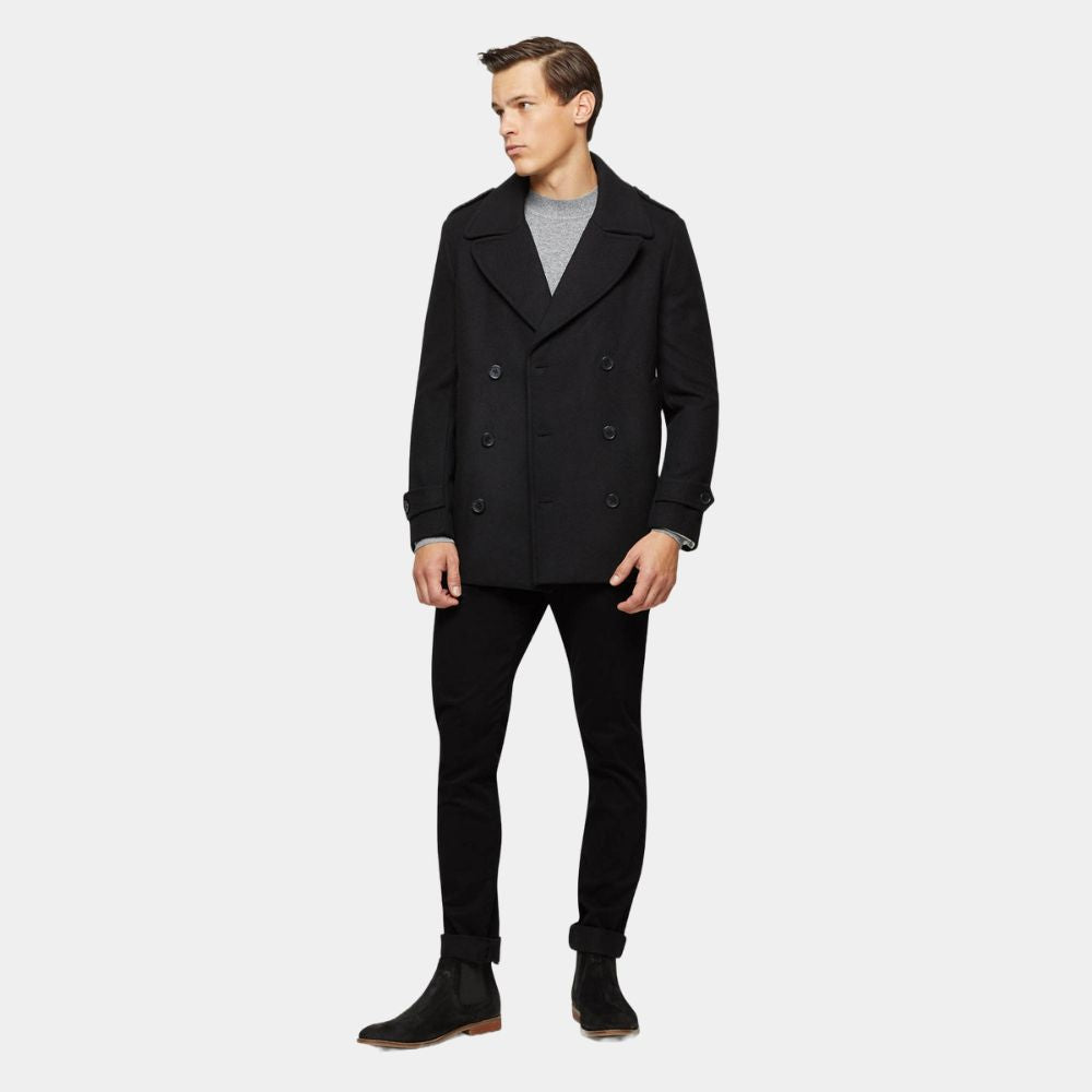 Shetland Douglas Henshall Black Wool Peacoat - Front View