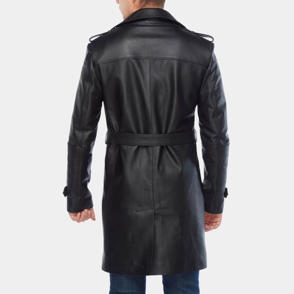 Silent Night Black Leather Jacket - 3/4 Length Car Coat with Waist Belt - Back View