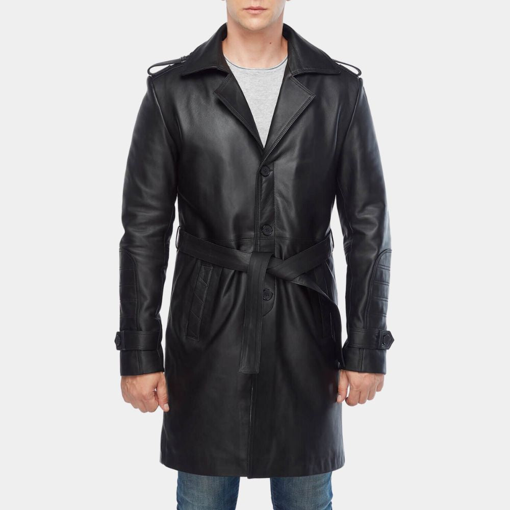 Silent Night Black Leather Jacket - 3/4 Length Car Coat with Waist Belt - Front Closure View