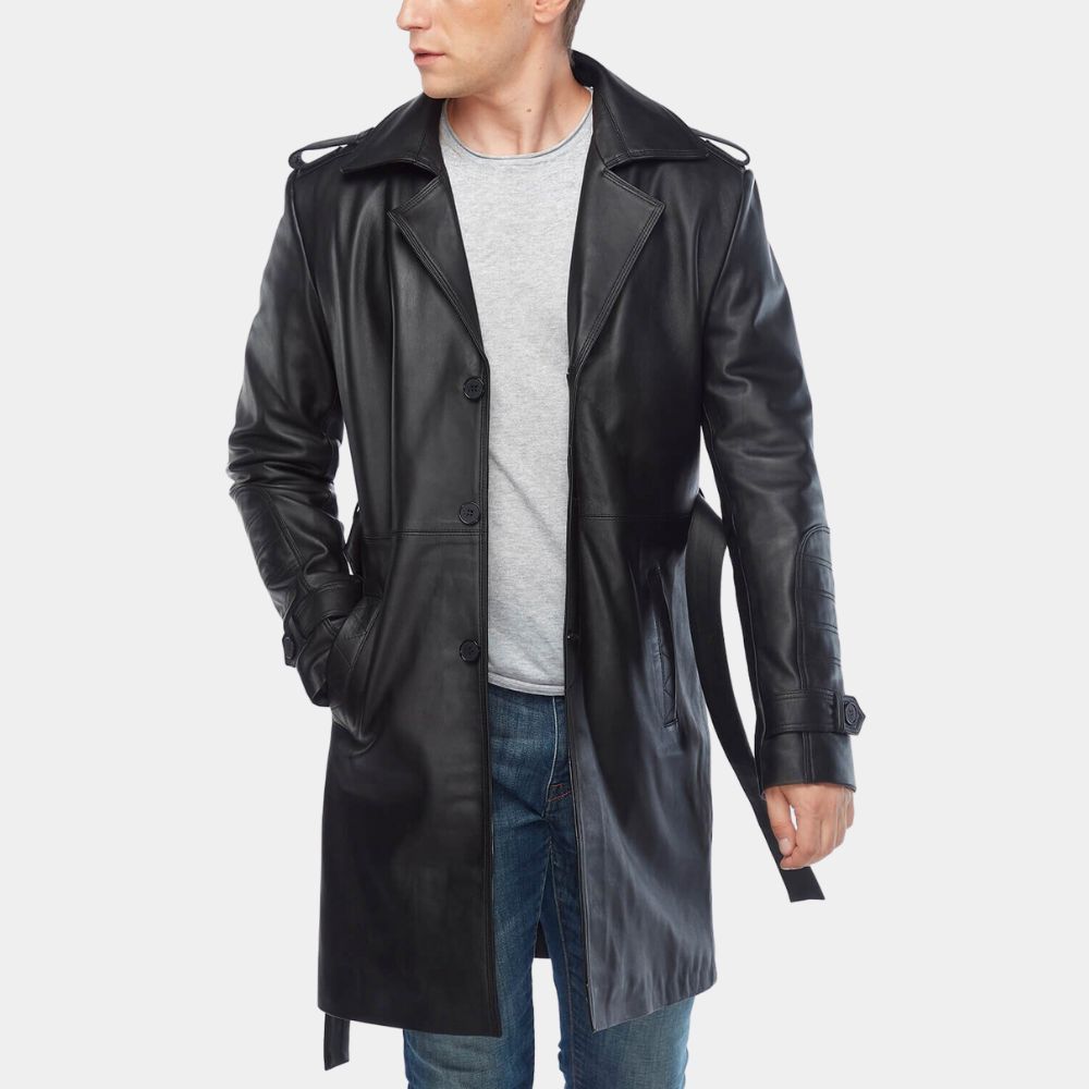 Silent Night Black Leather Jacket - 3/4 Length Car Coat with Waist Belt - Front Posture View