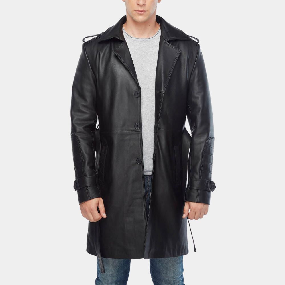 Silent Night Black Leather Jacket - 3/4 Length Car Coat with Waist Belt - Front View